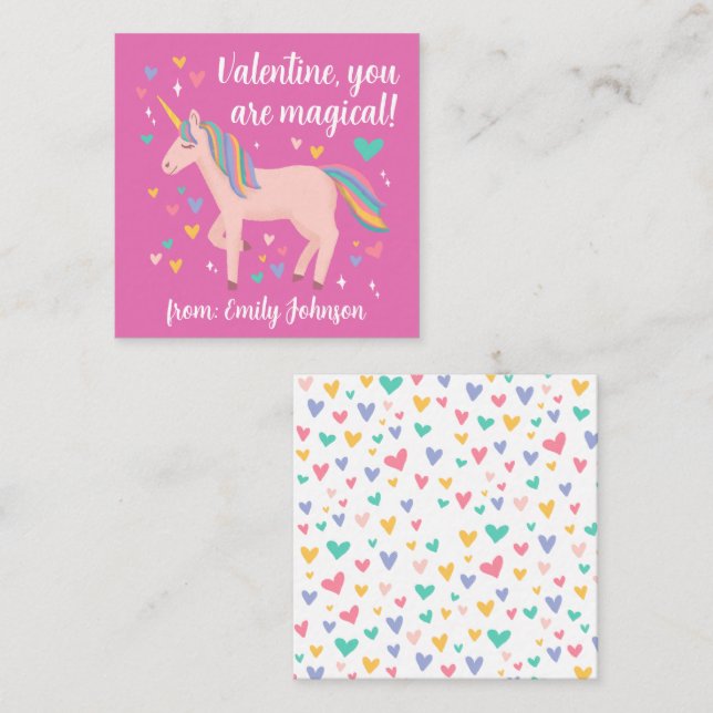 Pink Magical Unicorn Kids Classroom Valentine Note Card (Front/Back)