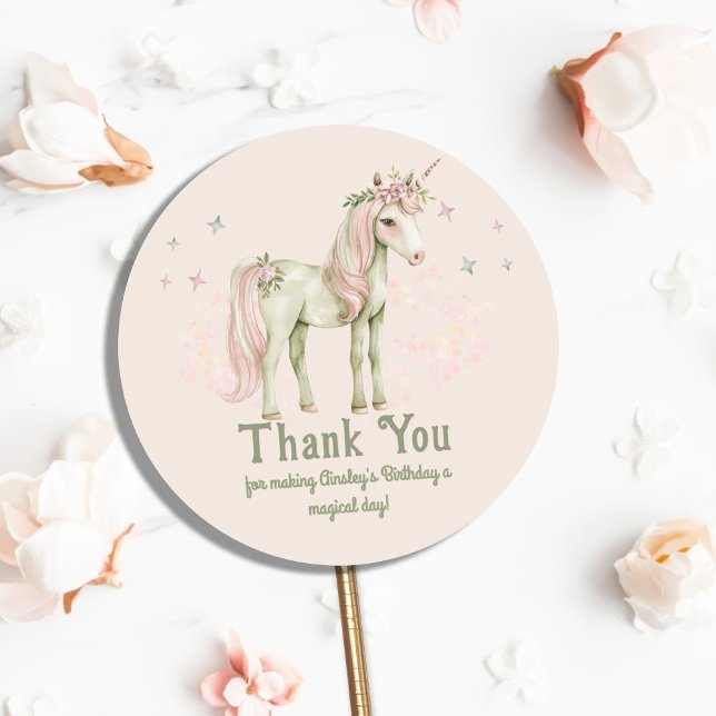 Pink Magical Unicorn Personalised Birthday Classic Round Sticker (Creator Uploaded)