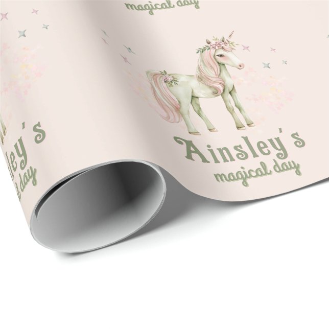 Pink Magical Unicorn Personalised Birthday Wrapping Paper (Roll Corner)