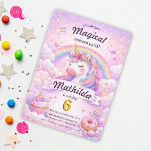 Pink Magical Unicorn Rainbow Girl Birthday Invitation