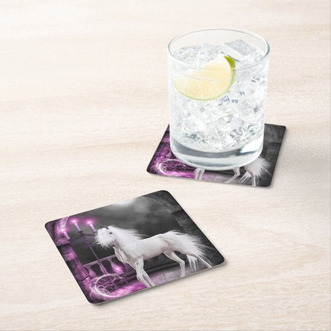 Pink Magical Unicorn Square Paper Coaster (Insitu)