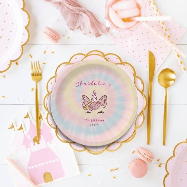 Pink Magical unicorn tie dye gold glitter birthday Paper Plate (Creator Uploaded)