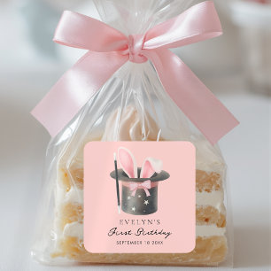 Pink Magician's Hat Bunny Ears 1st Birthday Square Sticker