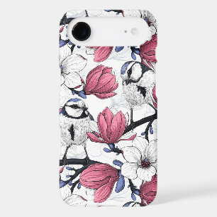 Pink magnolia and blue tit birds