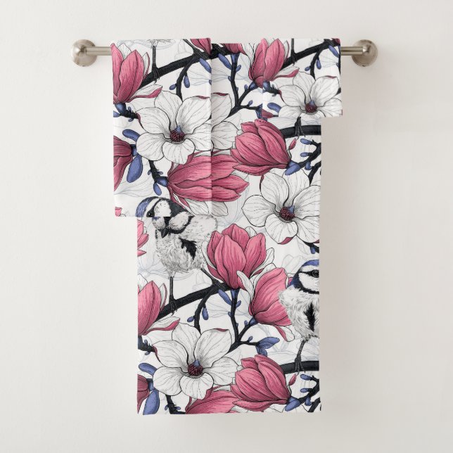 Pink magnolia and blue tit birds bath towel set (Insitu)