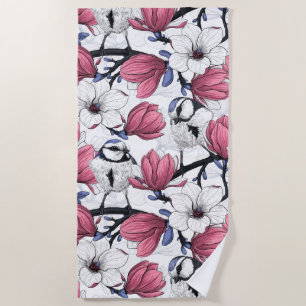 Pink magnolia and blue tit birds beach towel
