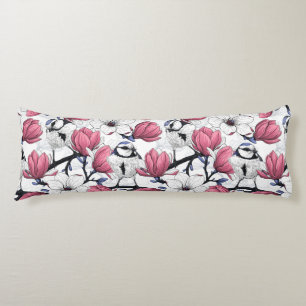 Pink magnolia and blue tit birds body cushion
