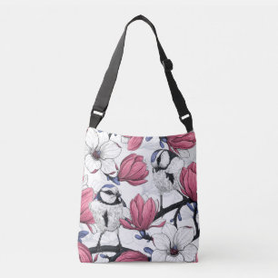 Pink magnolia and blue tit birds crossbody bag