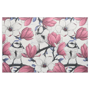 Pink magnolia and blue tit birds fabric
