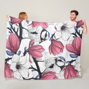 Pink magnolia and blue tit birds fleece blanket