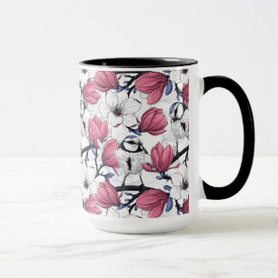 Pink magnolia and blue tit birds mug