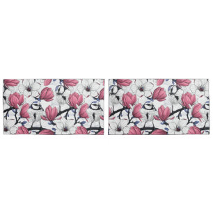 Pink magnolia and blue tit birds pillowcase