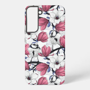 Pink magnolia and blue tit birds samsung galaxy case