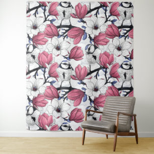 Pink magnolia and blue tit birds tapestry