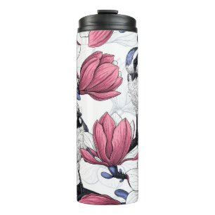Pink magnolia and blue tit birds thermal tumbler