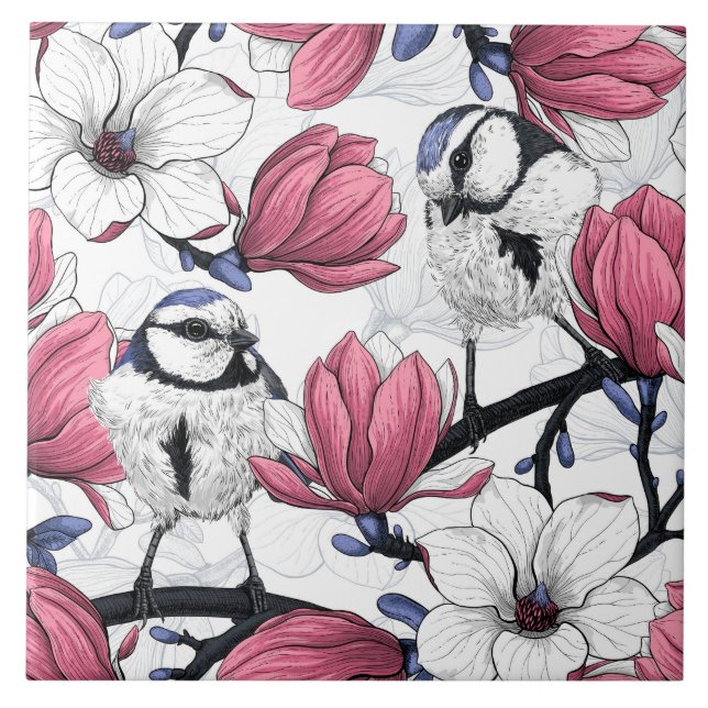 Pink magnolia and blue tit birds tile (Front)