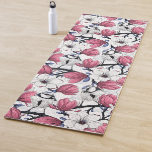 Pink magnolia and blue tit birds yoga mat