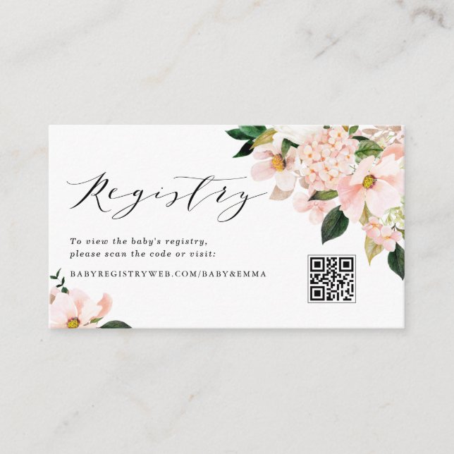 Pink Magnolia and Hydrangea QR Code Gift Registry Enclosure Card (Front)