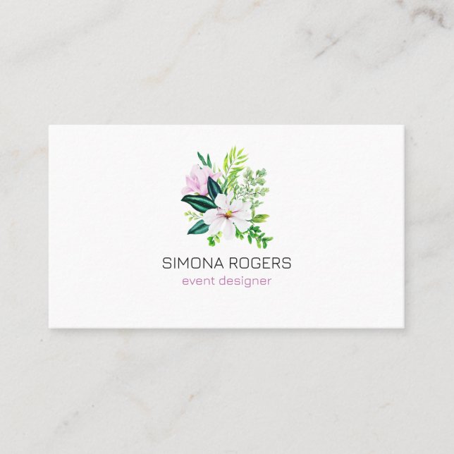 Pink magnolia and leaves, watercolor bouquet business card (Front)