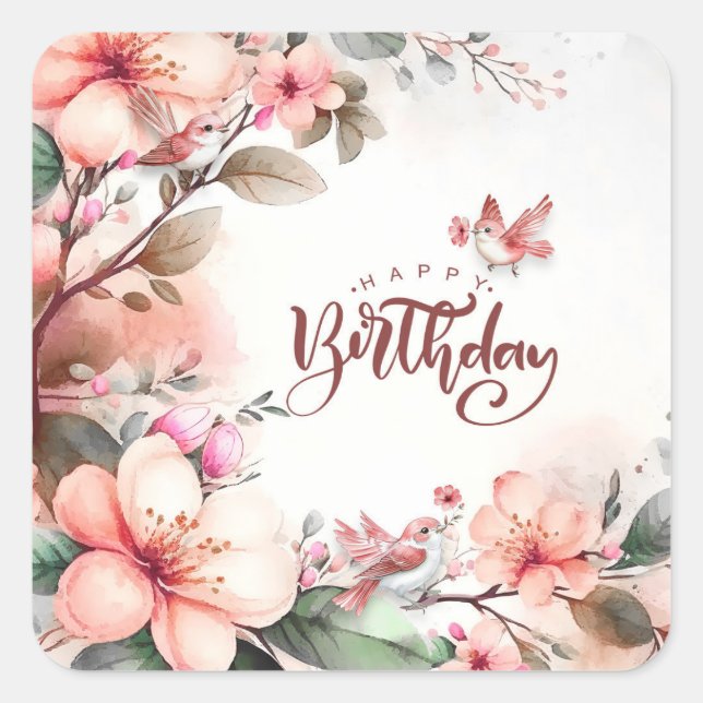 Pink Magnolia Blossoms and Birds Happy Birthday Square Sticker (Front)