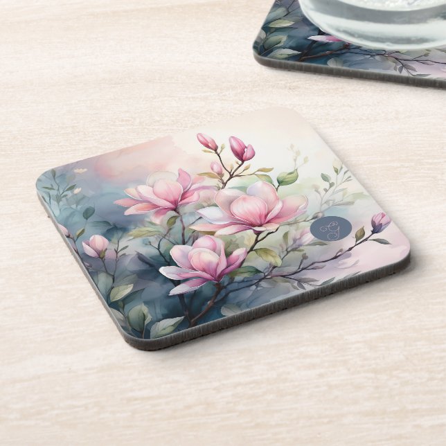 Pink Magnolia Blossoms Botanical Monogrammed Coaster (Left Side)