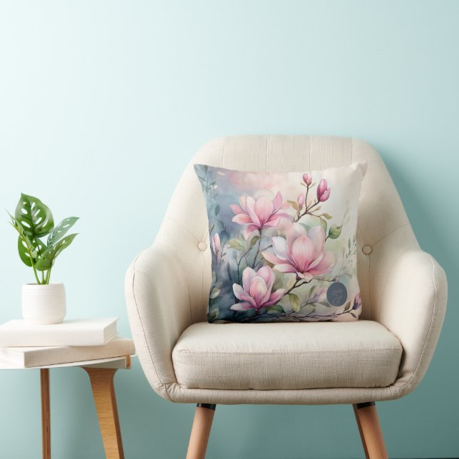 Pink Magnolia Blossoms Botanical Monogrammed Cushion (Chair)