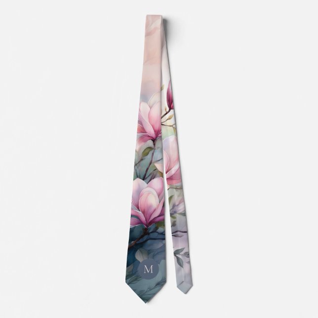 Pink Magnolia Blossoms Botanical Monogrammed Tie (Front)