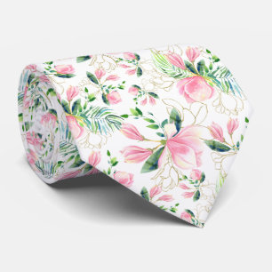 Pink Magnolia Blossoms with Gold Filigree Designs Tie