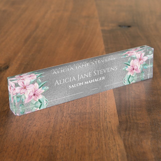 Pink magnolia bouquet silver glitter salon manager nameplate (Side)
