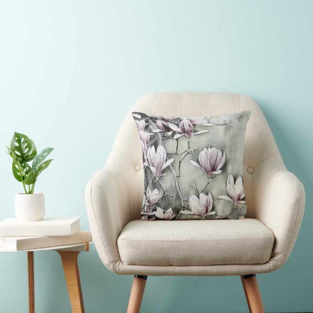 Pink magnolia branch drawing grey black backgound  cushion (Chair)