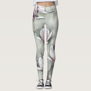 Pink magnolia branch drawing grey black backgound leggings