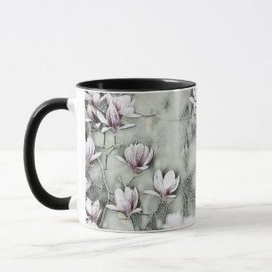 Pink magnolia branch drawing grey black backgound  mug