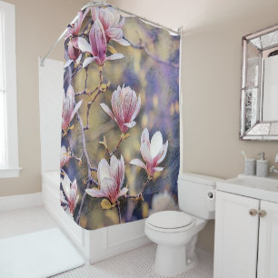 Pink magnolia branch watercolor purple background shower curtain