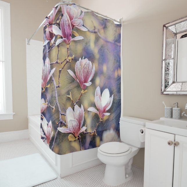 Pink magnolia branch watercolor purple background  shower curtain (In Situ)