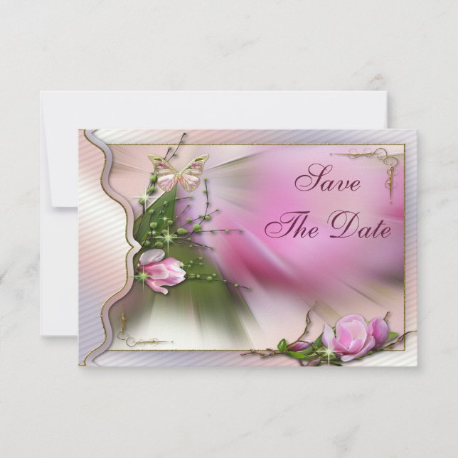 Pink Magnolia Butterfly Sparkle Save the Date (Front)