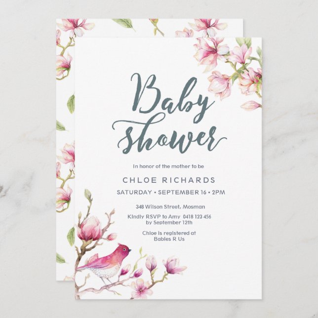 Pink Magnolia Floral Baby Shower Invitation (Front/Back)