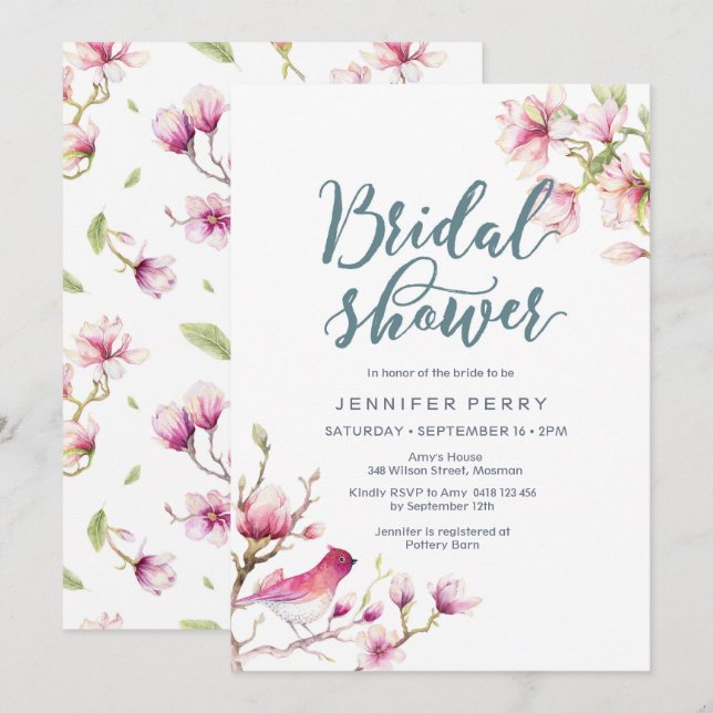 Pink Magnolia Floral Bridal Shower Invitation (Front/Back)