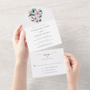 Pink Magnolia Floral Elegant Wedding All In One Invitation