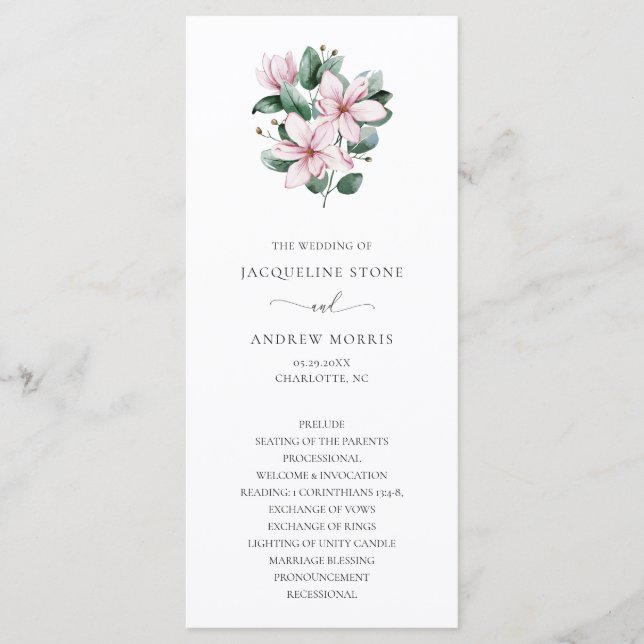Pink Magnolia Floral Elegant Wedding Programme (Front)