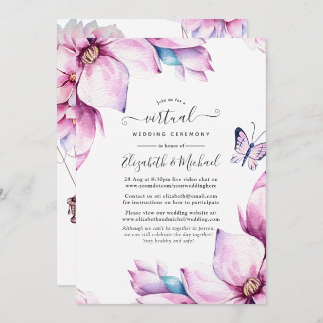 Pink Magnolia Floral Online Virtual Wedding Invitation (Front/Back)