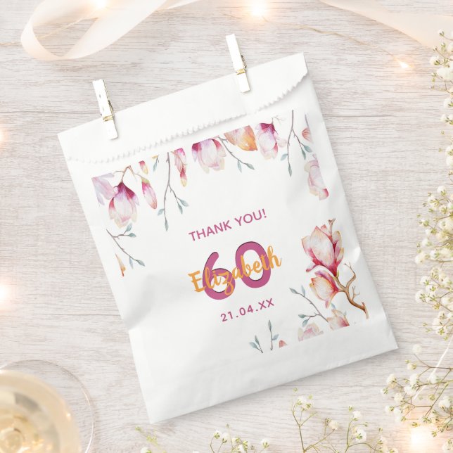Pink magnolia floral white thank you 60th birthday favour bags (Clipped)
