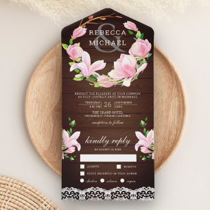 Pink Magnolia Floral Wreath Barn Wood Wedding All In One Invitation