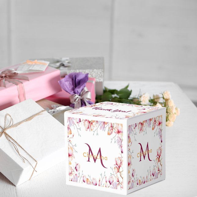 Pink magnolia florals white thank you monogram favour box (Creator Uploaded)