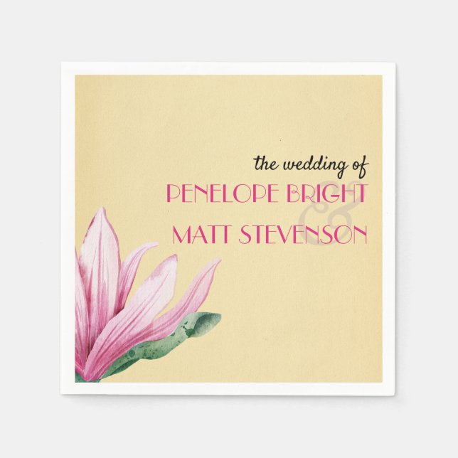 Pink Magnolia Flower Antique Monogram wedding Napkin (Front)