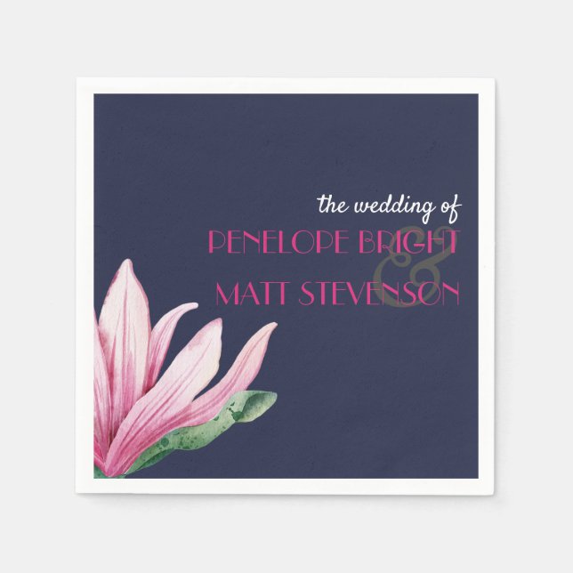 Pink Magnolia Flower Blue Monogram wedding Napkin (Front)
