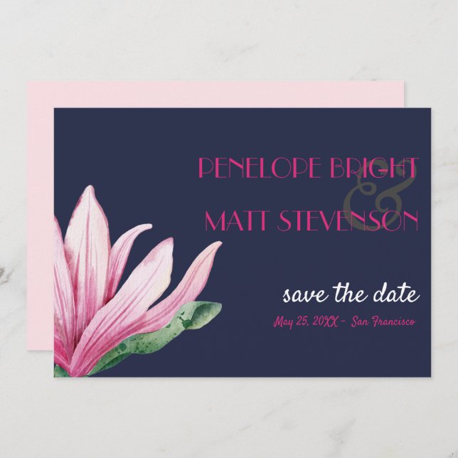 Pink Magnolia Flower Blue WEDDING SAVE THE DATE Invitation (Front/Back)
