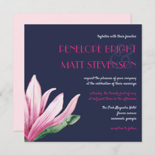 Pink Magnolia Flower In Bloom Blue Wedding Invitation