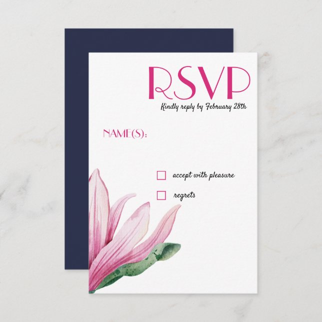 Pink Magnolia Flower in bloom | blue Wedding RSVP Invitation (Front/Back)