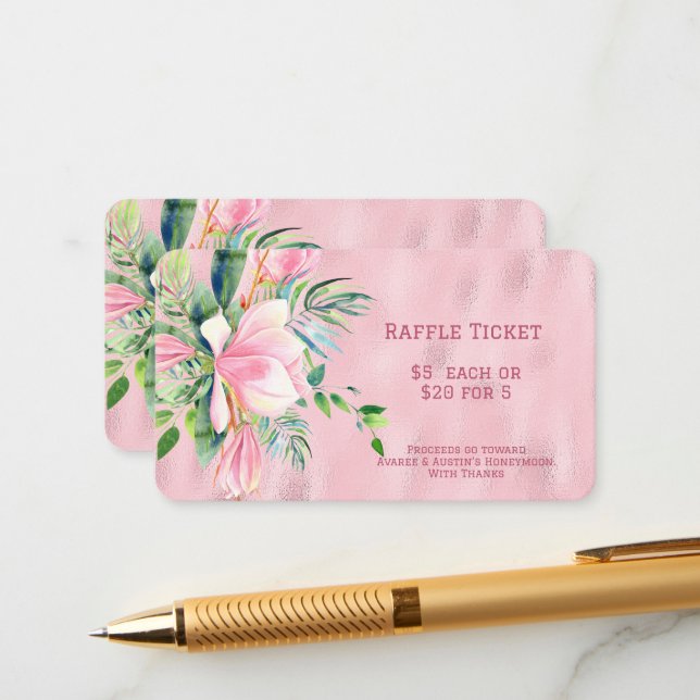 Pink Magnolia Flower on Pink Foil Raffle Enclosure Card (Front/Back In Situ)