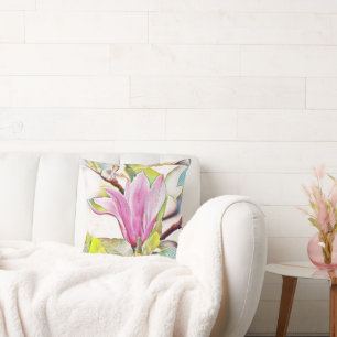Pink magnolia flower watercolor blue background cushion